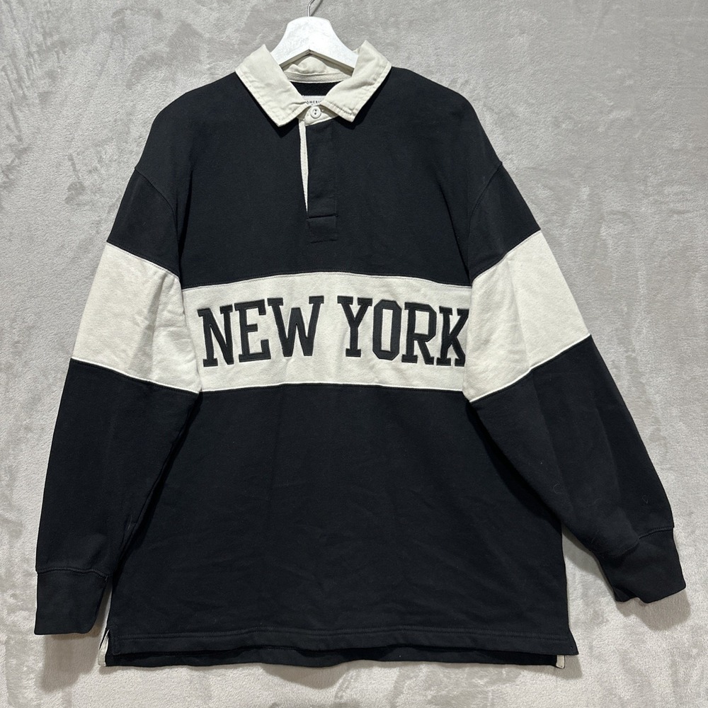 American Eagle Black and White New York Rugby Long Sleeve Shirt Women's Size M - Picture 2 of 7